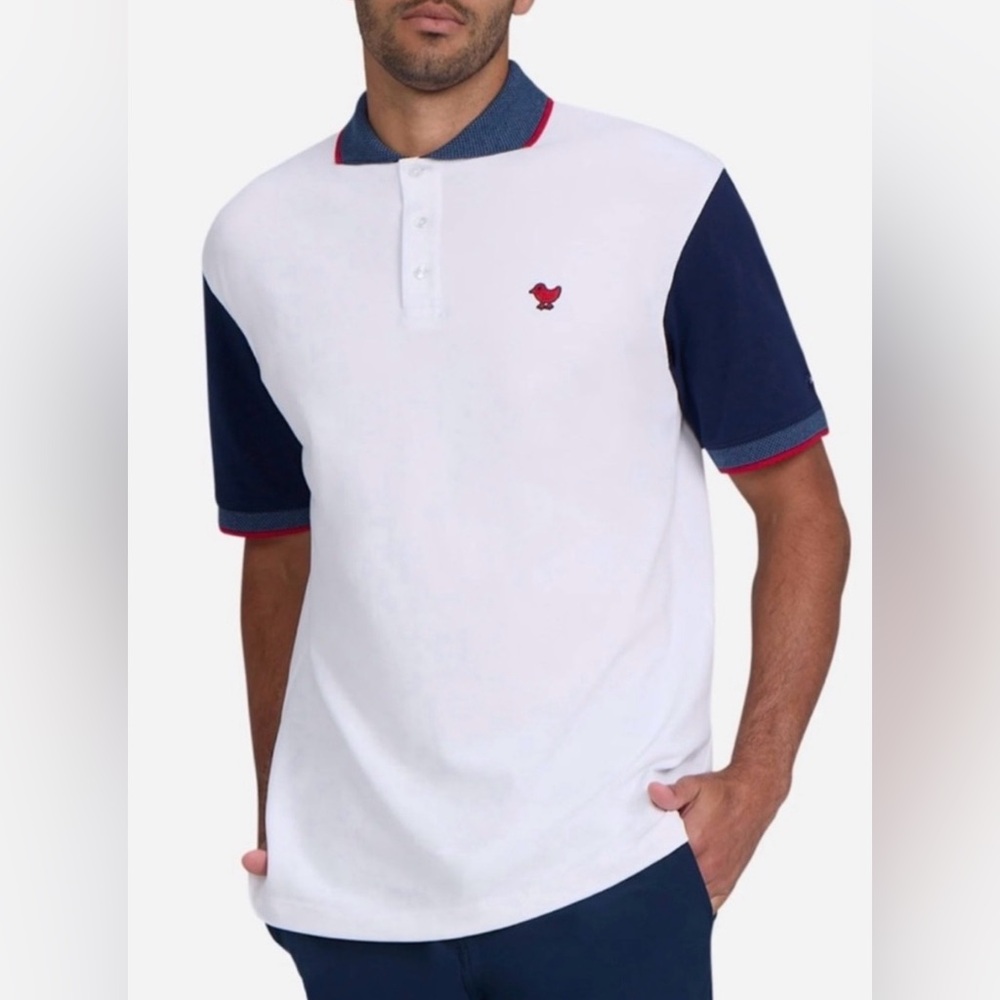 Bad Birdie White Polo with Navy Sleeves and Red Trim